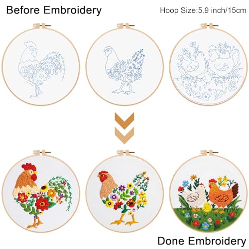 Louise Maelys 3 Packs Farm Animals Embroidery Kit for Beginners Gift - color: Rooster Hen