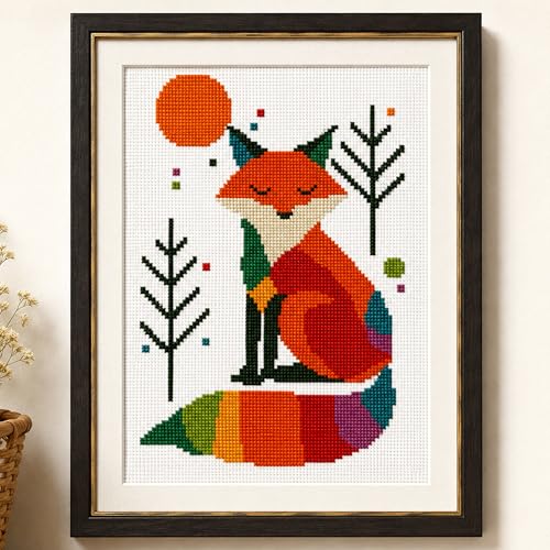 Zhenqing Rainbow Fox Cross Stitch Kit - 11CT Pre-Printed 28x38cm Fabric with Threads & Needle (No Tools) (68571) - color: Rainbow Fox