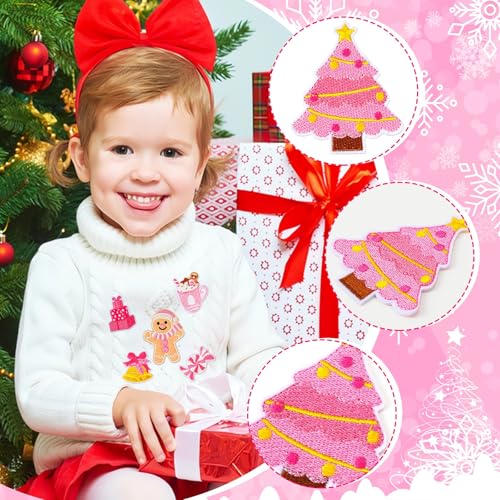 AUGSUN 36pcs Pink Christmas Iron on Patches Xmas Embroidered Sew Applique - style: Pink Christmas