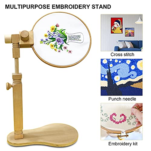Adjustable Embroidery Hoop Stand Cross Stitch Stand Lap, Beech Wood Embroidery Hoop Holder Frame, Rotated Needlepoint Frame Stand for Art Craft Sewing Needlework Projects
