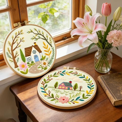 ERKOON Embroidery Kit for Adult Beginners, 2 Set Floral Cross Stitch Set Include Embroidery Cloth Hoops Threads for Craft Lover Hand Stitch with Embroidery Skill Techniques (Flower Cottage) - color: Flower Cottage