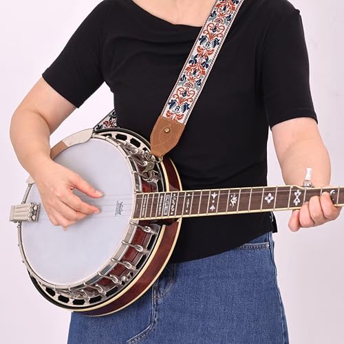 Nefelibata Banjo Strap,2"Wide Double Crazy Horse Leather Jacquard Embroidery Strap Adjustable Replacement,Multi-pattern Strap With Metal Clips - color: A#-brown Blue Jacquard