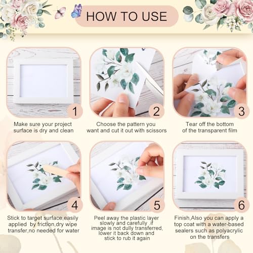 BBTO 12 Sheets Rub on Transfers for Crafts Wood Furniture DIY, 5.5" x 5.7" - style: Michelia Alba