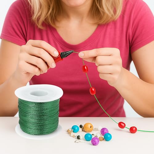 Metallic Cord 218 Yards 1mm Green String Twine Metallic Tinsel Thin Ribbon Rope Green Thread String for Crafts Bracelet Necklace Jewelry Making Gift Wrapping Christmas Ornaments Hanging Decor 2 Roll - style: green
