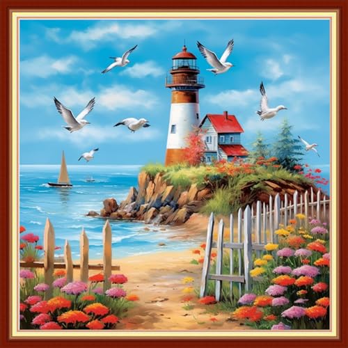 Findvoor Stamped Cross Stitch Kits for Beginners Full Range of Cross Stitching Embroidery Pattern for Adults, 11CT DIY Needlepoint Embroidery Starter Kits-Seaside Lighthouse 17.7x17.7 inch - color: StampedKits 15