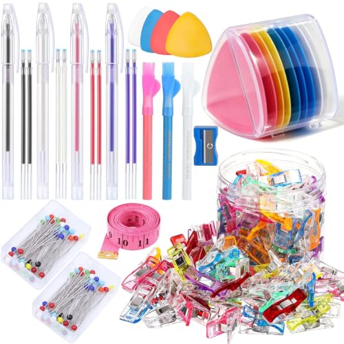 10Pcs Triangle Tailors Chalk with 100Pcs Sewing Clips, 100pcs Straight Pins Set, 4pcs Heat Erasable Fabric Marking Pens with 8 Refills, 3PCS Sewing Fabric Pencils for Quilting Craft Accessories