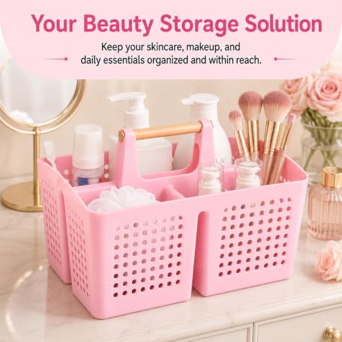 Portable Shower Caddy Basket with 3 Compartments and Handle, Caddy Pink - color: Caddy Pink