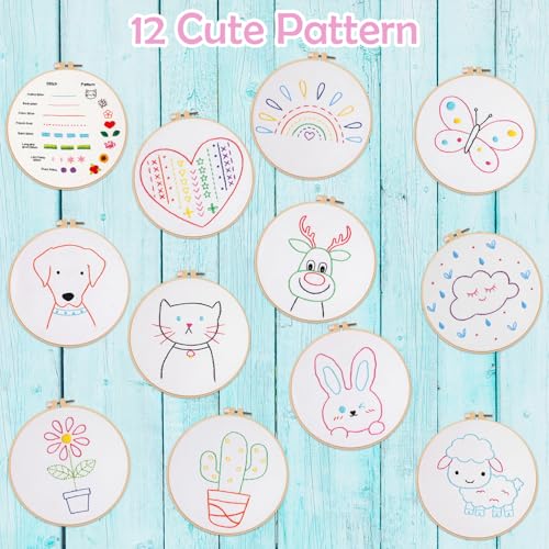 Louise Maelys 12 Pre-Stamped Embroidery Kits for Beginners, Cross Stitch for Kids Girls,DIY Needlepoint Craft Sewing,Practice Kit Supplies,Funny Cute Pattern,Perfect for Ages 8+ - color: 12 embroidery kits