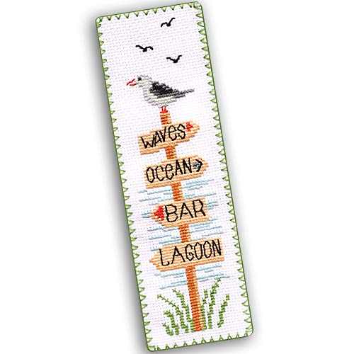 Povitrulya Beach Signs Cross Stitch Bookmark - Coastal Wood Signs Embroidery Set with Paper Pattern, 16 Count Aida Cloth and Pre-Sorted Floss - color: Beach Signs