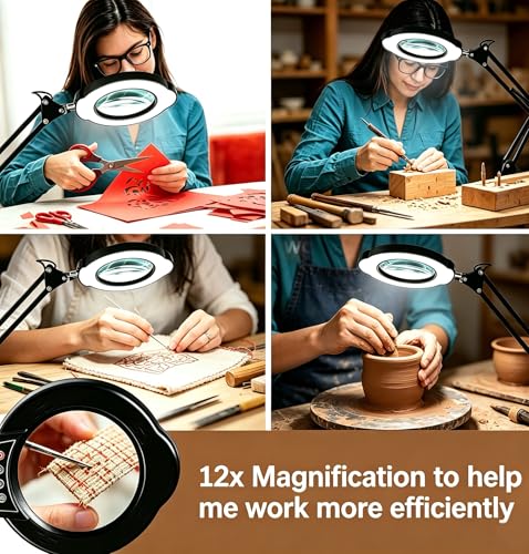 12X Magnifying Glass with Light and Clamp, 84 LEDs Real Glass Lens Magnifying Lamp for Close Work, Repair, Reading, Craft（Top Button） - color: Black 2