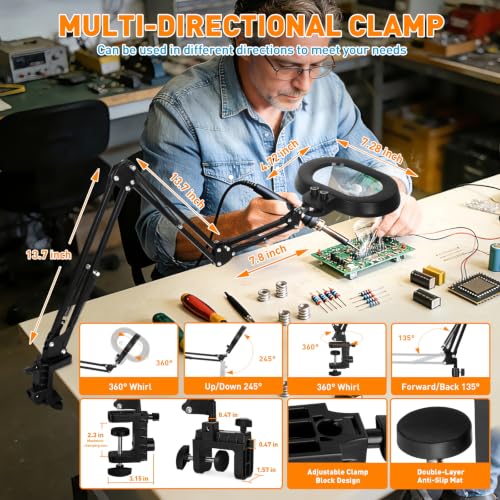 Magnifying Glass with Light and Clamp, 5in 12X 30X Extended Arm - size: 5IN-2