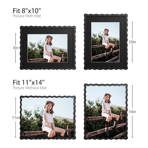11x14 Picture Frame with Mat for 8x10, Wavy Edge Wooden Real Glass Photo Frame for Wall Hanging, Black, 1 Pack - color: Black, size: 11x14 in