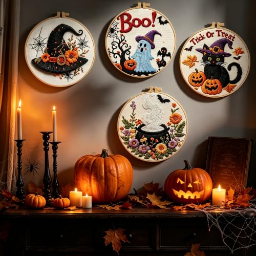 4 Sets Halloween Embroidery Kits for Beginners, Halloween Cross Stitch Kits - color: 4 Set Halloween