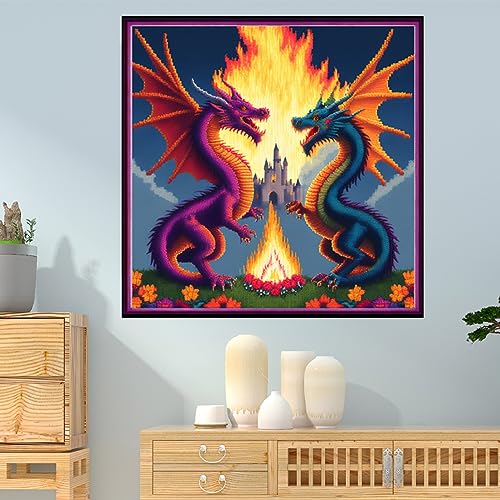 Dimensean Stamped Cross Stitch Kits Full Range of Embroidery Patterns Starter Kits for Beginners Adult DIY Cross Stitches Needlepoint Kits 11CT-Coloured Dragon and Castle 17.7x17.7 inch - color: Pattern Style 25