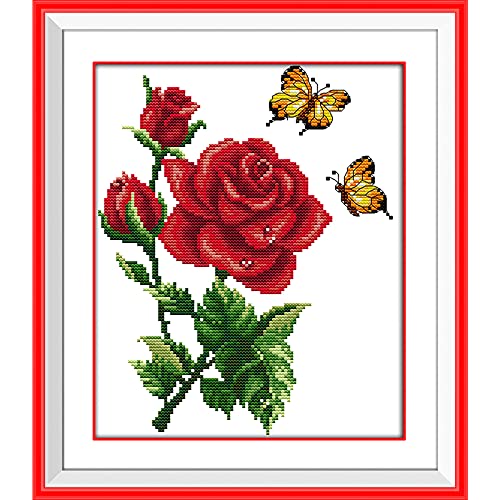 Stamped Cross Stitch Kits for Beginners Full Range of Crossstitching Kits Preprinted Pattern for Kids or Adults, Embroidery Needlepoint Starter Kits 14CT 2 Strands-Butterflies Rose,10.2''x11.8'' - color: Butterflies Rose,10.2''x11.8''