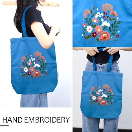 CREAWONDER Canvas Tote Bag Embroidery Kit with Pattern for Beginners, Arts and DIY Embroidery Crafts Kits for Adults, Include Instructions, Thimble, Embroidery Hoops, Color Threads and Tool - color: CR002 huaguangpianran darkblue