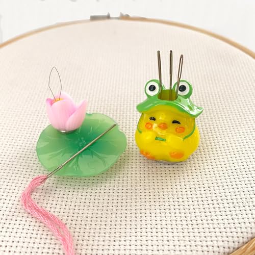 Magnetic Lotus Leaf Needle Minder and Flower Threader for Cross Stitch, Frog Chick Needle Holder Magnet for Embroidery Sewing Needlework Tool Accessories