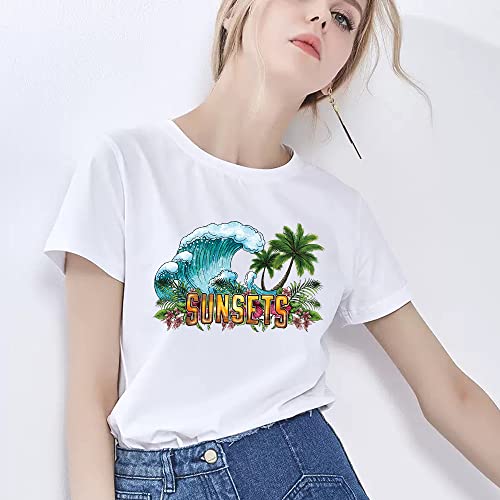 Iron on Transfers Patches for T-Shirt Clothes Decoration Summer Series Stickers Beach Coconut Trees Sea Waves Sunset Iron on Stickers Appliques Decals for Clothing Jeans Bags Pillow Covers 5PCS