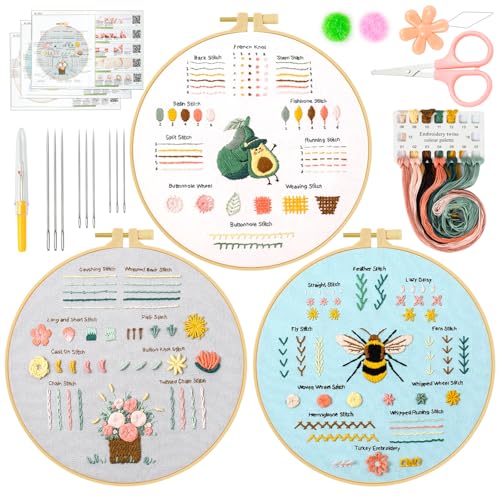 Ponpon 3 Sets Embroidery Kit for Beginners, Embroidery Kit for Adults with Follow Instruction, Cross Stitch Kits with Wooden Embroidery Hoops (Stlye D) - style: Stlye D