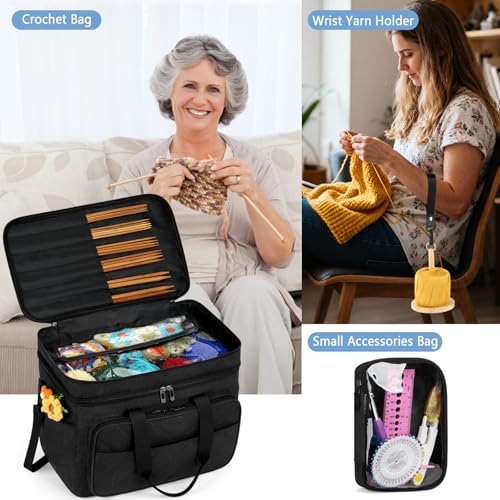 Crochet Organizer Bag with Yarn Holder, Large Yarn Storage for Accessories - color: Black