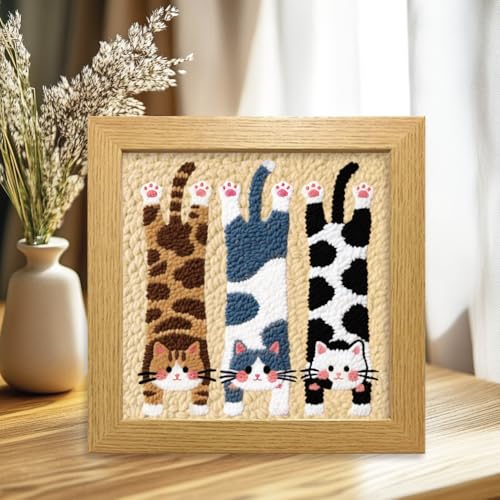 BEUNITONE Lie Flat Cat Punch Needle Kit for Adults Beginners, Complete DIY Craft Needlepoint Kits with Hoop, Punch Needle Starter Craft Embroidery Set for Festival Gift and Cloth Home Decor 9.4X9.4" - color: 04-Sleeping Cat