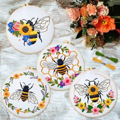 INFUNLY 4 Sets Bees and Flower Embroidery Kits for Beginner DIY Cross Stitch Starter Sets with Instruction Sunflower Honeybees Handmade Needlepoint Kits with Embroidery Cloth Colored Thread Hoop Tools - style: Bees