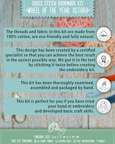 Povitrulya Cross Stitch Bookmark Kit Wheel of The Year: Ostara – Counted DIY Embroidery Set for Adults & Beginners, Bunny Easter Spring Equinox Pagan Wiccan Floral Gift - color: Ostara