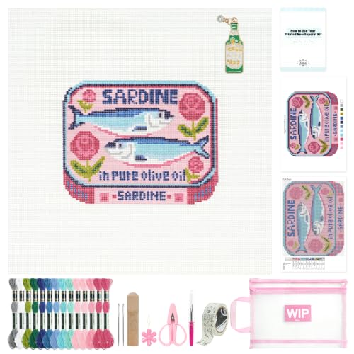 Kaitiaki 18 mesh Needlepoint Canvas Kit, 8 in Painted Canvas Set with Embroidery Floss, Needles, Guide Card, Instruction, Threader, Scissors & Project Bag for Crafter Gift(Sardine) - color: Sardine, size: 18 mesh
