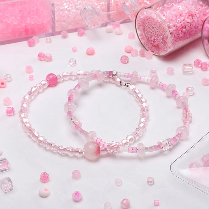 24 Grid Pink Glass Seed Bugle Tube Beads Kit for Jewelry Making DIY Craft - color: pink, size: 24 Grid