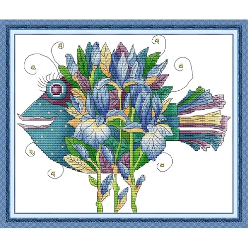 ITSTITCH Stamped Cross Stitch Kits- Full Set of Embroidery for Beginners or Adults,14 CT 2 Strands DIY Beautiful Fish Patterns Counted Arts Craft 11.8×10.2 inch - color: Beautiful fish