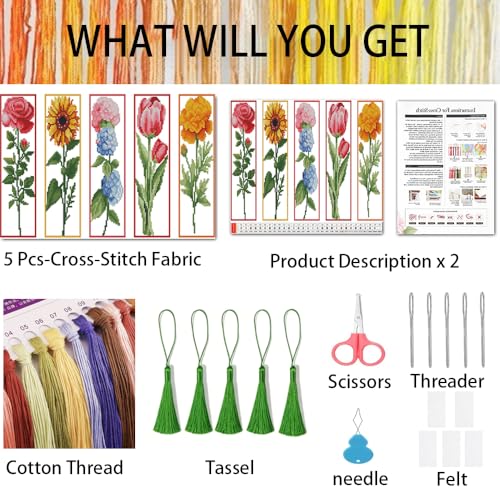VIGEGU 5 Pack Flower Cross Stitch Bookmark Kits for Adult Beginners - color: Flower Cross Stitch Bookmark