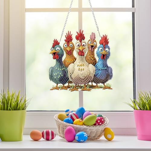 NAIMOER Chickens Diamond Art Hanging Kits for Adults, 5D Special Shaped Rhinestone, DIY Acrylic Spring Diamond Art Painting Window Pendants Home Garden Wall Hanging Ornament Kits, Double Sided - color: Easter 03
