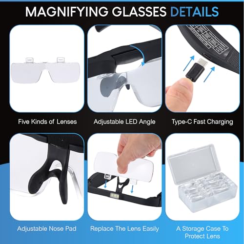 YOCTOSUN Magnifying Glass with LED Lights,5 Lenses,Storage Case,Head Strap - color: Black With Storage Case