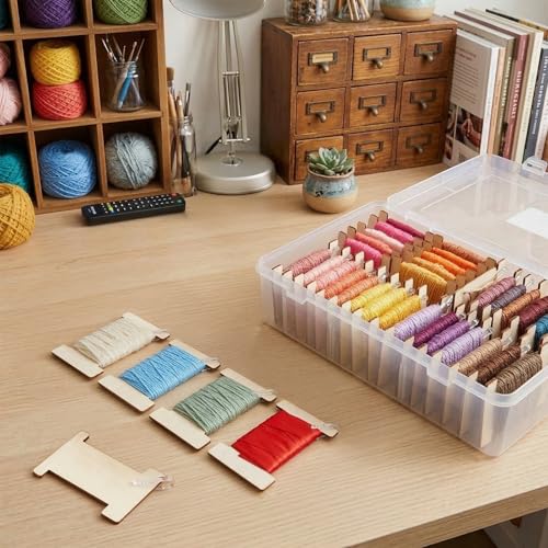 Tosnail 200 PCS Wood Ribbon Storage Organizer Set, Wooded Ribbon Spools with Plastic Clips, Sewing Embroidery Thread Organizers, Quilt Binding Yarn Spool, Lace Keeper for Craft Room