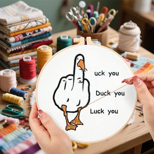 Middle Finger Duck Embroidery Kits for Beginners Adults, Funny Embroidery Starter Kits, Counted Cross Stitch Kits for Beginners DIY Craft Kits for Adult Women, Embroidery Hoop, Thread & Video Tutorial - color: H2041, size: 8Inch