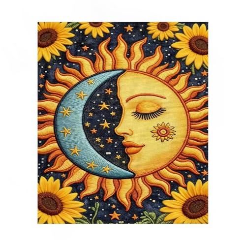 WYBQFDJ Sunflower Sun & Moon Beginner Cross Stitch Kit, 11.8 x 15 in