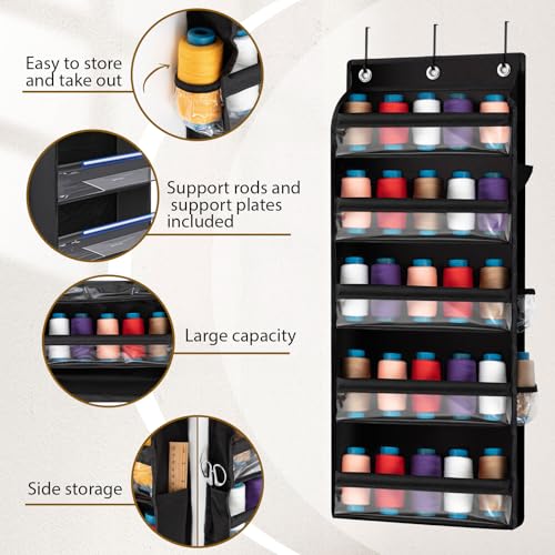 Tegeme 5-Tier Hanging Thread Holder with PVC Window & Side Pocket,Black - color: Black