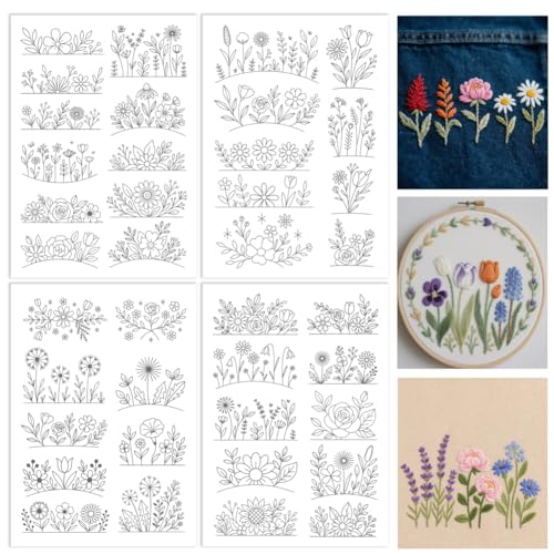 ORIGACH 4 Sheets Water Soluble Embroidery Patterns Stabilizers - Pre-Printed Wildflower Bushes Designs - Stick & Stitch Embroidery Paper for Hand Sewing Lovers - color: Wildflower Bushes
