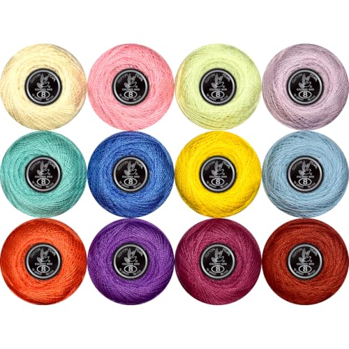 Double Mercerized Egyptian Long Staple Cotton Pearl Thread Ball 10 Grams Rainbow Color 12 Colors per Box for Crochet Hardanger Kniting Hand Sewing,Sweet Candy PastelPalette - color: Sweet Candy Pastel Palette