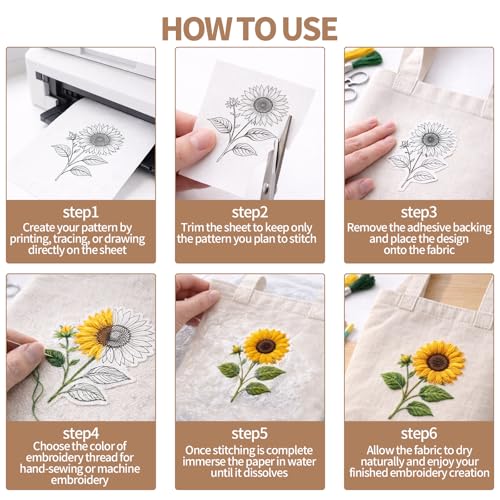 Creztail Sticky Water Soluble Embroidery Stabilizer Paper, 8PCS 8.5"x11" Printable Embroidery Transfer Paper, Stick and Stitch Wash Away Stabilizer, Medium Weight for Hand and Machine Embroidery - size: 8pcs