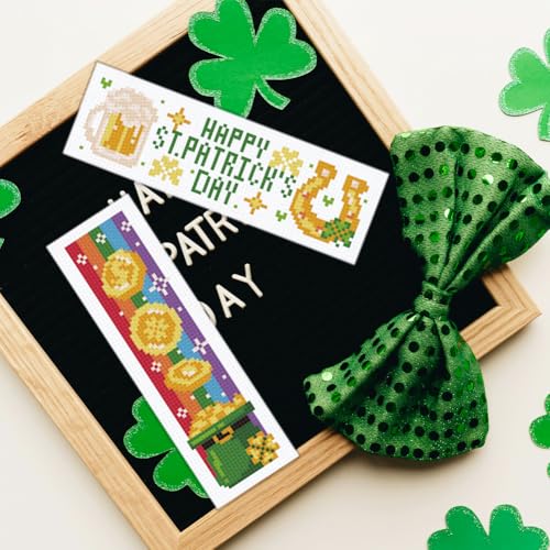BEUNITONE 6 Pcs Bookmarks Cross Stitch Kits for Adults Beginner St. Patrick's Day Themed Stitch Bookmark Cross Stitch Kits for Beginners Good Luck Embroidery Kits Bookmark Kit for Book Lover 8''x2.4'' - style: St. Patrick's