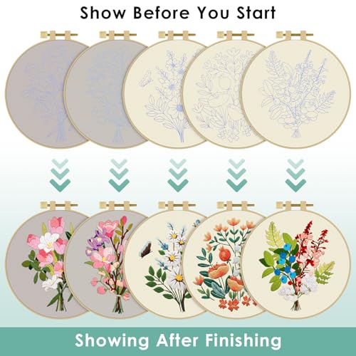 ERKOON 5 Sets Embroidery Kit for Beginners Adult Bouquet Cross Stitch - color: Bouquet