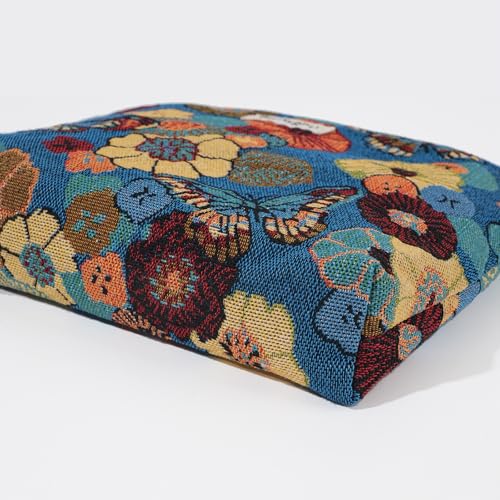 Butterfly Floral Cosmetic Bag Blue Base Zipper Travel Makeup Pouch - color: Flower Garden Blue
