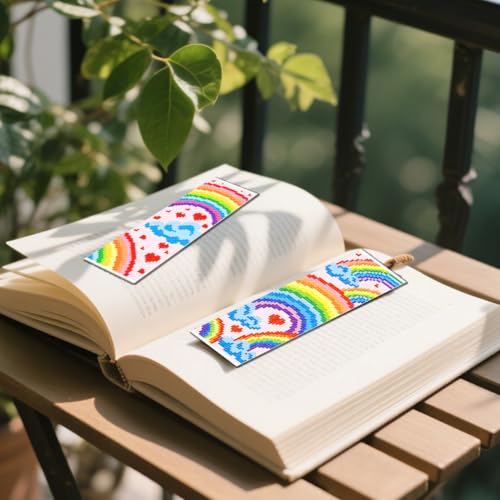 FREEBLOSS 6 Set Cross Stitch Bookmark Kit 11 CT Stamped Cross Stitch Kit DIY Embroidery Bookmark Kits for Adult Beginners with Instructions, Rainbow Pattern, 6 x 20 cm/8" x 2.4" - style: Rainbow Cloud