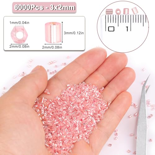 6000pcs Light Pink Bugle Beads Bulk, Embroidery Tube Short Beads for Jewelry Making, Bracelet,Necklaces Supplies,Craft DIY(3x2mm) - color: Light pink
