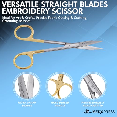 Embroidery Scissors Straight Gold Handle for Premium Quality Stainless Steel Stitch Cutting Pointed tip Hydropoinic Scissors for Art & Craft Fabric Cutting & Crafting Grooming scissors.