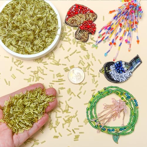 4200pcs Glass Bugle Beads, Mini Long Tube Seed Beads Bulk, Tiny Small Loose Spacer Embroidery Beaded for Bracelets Jewelry Making Sewing, Crafts, Christmas Ornaments, 2×6mm, Yellow - color: Yellow
