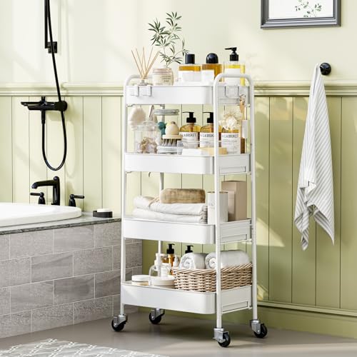 TOOLF 4 Tier Metal Rolling Cart, Utility Storage Cart with Wheels, White - color: White, size: 4-Tier