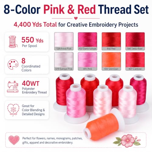 Simthread 8 Shades 550Yds Each 40WT Polyester Embroidery Thread Red Set - color: 550YRedBrother