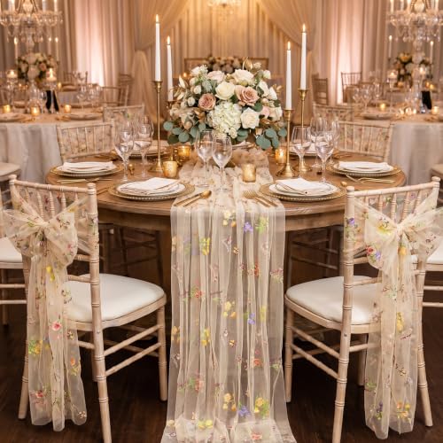 Beige White Floral Gauze Table Runner 10ft Embroidery Spring Tulle Linens - color: Beige, size: 27"x120",6pcs